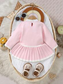 SHEIN Vestido tejido de manga larga casual en azul cielo encantador para niña bebé - Rosa - Ver 2