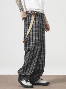 Manfinity Roghcode Men's Plaid Print Casual Denim Bib And Brace Overalls With Pockets