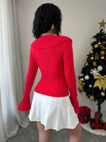 SHEIN Clasi Women's Red Ruffle Bell Sleeve Christmas Vibe Sweater, Knit Pullover Fall Winter - Red - View 2