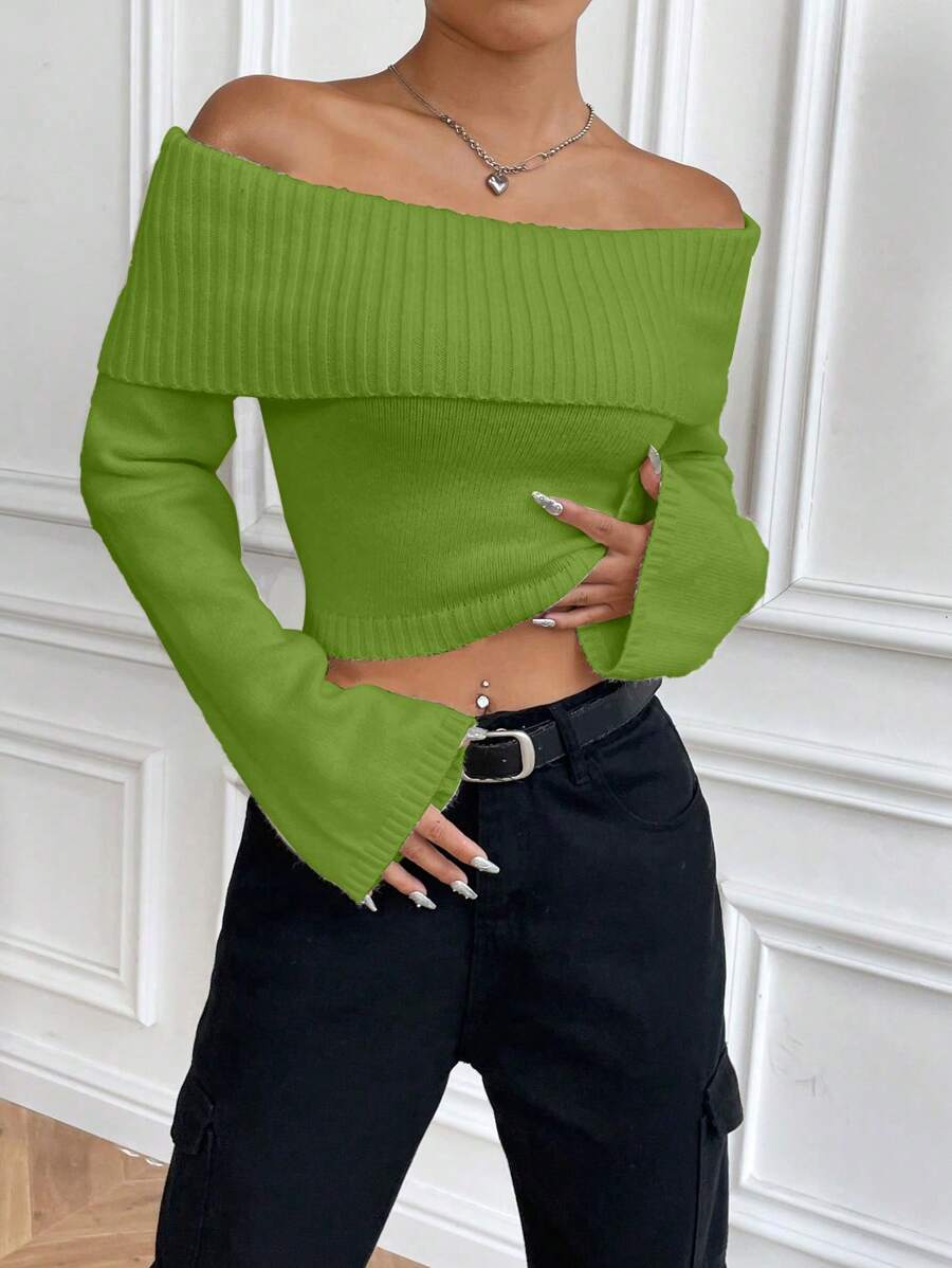 Flirla Off-Shoulder Casual Versatile Knit Sweater, Autumn/Winter Knit Pullover Fall - Green - View 1