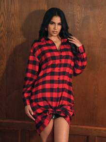 Zolique Black & Red Plaid Brushed Long Sleeve Maxi Shirt