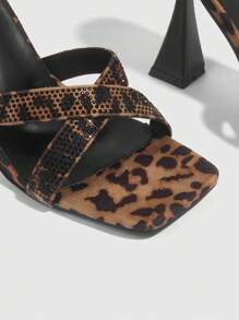CUCCOO SZL Women Square Toe Leopard Velvet Pattern Glitter Strap High Heel Mule Sandals - Multicolor - View 3