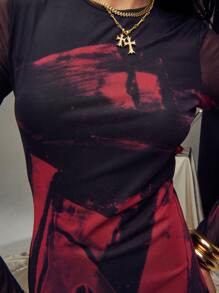 SHEIN Unity Women's Long Sleeve Hollow Waist Dress With Dissolving Stripe And Butterfly Print In Black And Red - Multicolor - View 4