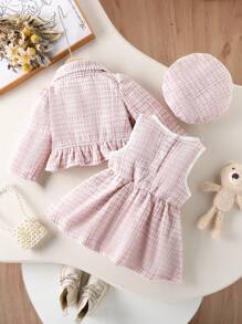 Souflis Souflis Dziewczęcy słodki kraciasty długi rękaw z falbaniastym brzegiem kurtka i sukienka zestaw z czapką, ubrania na wiosnę/jesień
