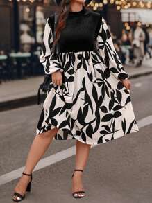 SHEIN VCAY Plus Size Women's Black Autumn Elegant Formal Evening Wedding Velvet Long Sleeve Dress,Printed Patchwork A-Line Casual Soft Stand Collar Long Dress - Multicolor - View 4
