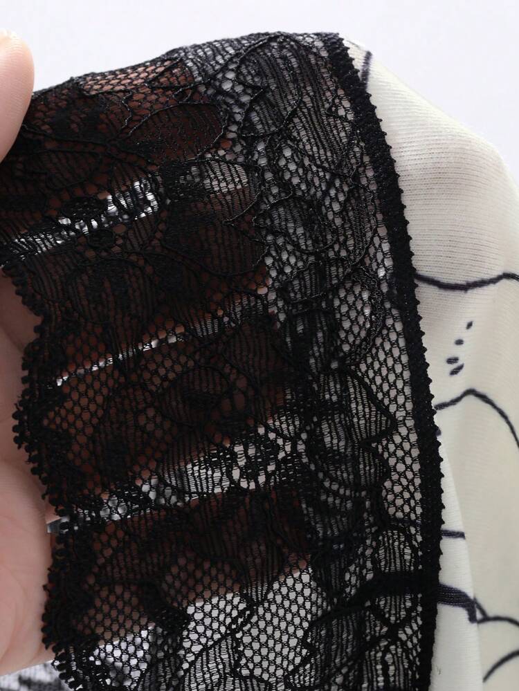 Cute Line Drawn Animal Print Ruffled Lace Patchwork Nightgown Pajama