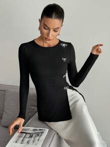 SHEIN Essnce Women's Fashionable Shiny Rhinestones Bow Decor Long Sleeve Crew Neck Casual Side Slits Black T-Shirt Slim Fit T-Shirt