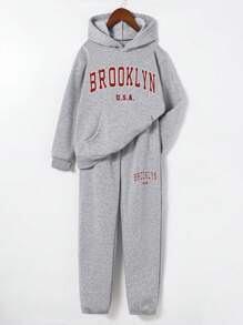 SHEIN 2pcs/Set Tween Girl Casual American College Street Cool Letter Printed Hoodie Sweatshirt & Pants, Suitable For Fall Winter School Holiday Wear