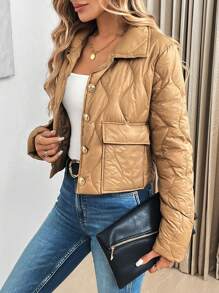 SHEIN LUNE 轻便保暖冬季短款棕色绗缝羽绒服，女款，带口袋