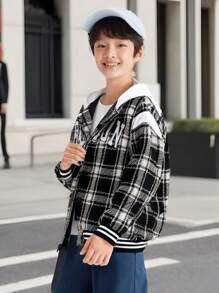 Tween Boys' Casual Black & White Plaid Letter Print Hooded Jacket, Suitable For Spring & Autumn Outings - Multicolor - View 3