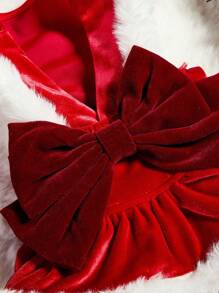 PETSIN 1 件装宠物天鹅绒红色圣诞裙，配领结，适合狗狗 - 紅白色 - 查看 7