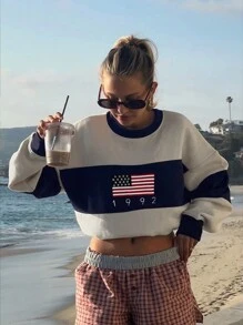 SHEIN EZwear 大码休闲撞色美国国旗印花大码宽松运动衫 - 彩色 - 查看 1