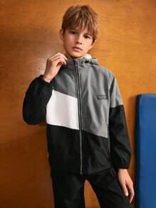 SHEIN 2 件套青少年男孩休闲撞色字母印花羊毛连帽衫和裤子 - 彩色 - 查看 4