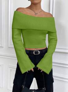 Flirla Off-Shoulder Casual Versatile Knit Sweater, Autumn/Winter Knit Pullover Fall - Green - View 7