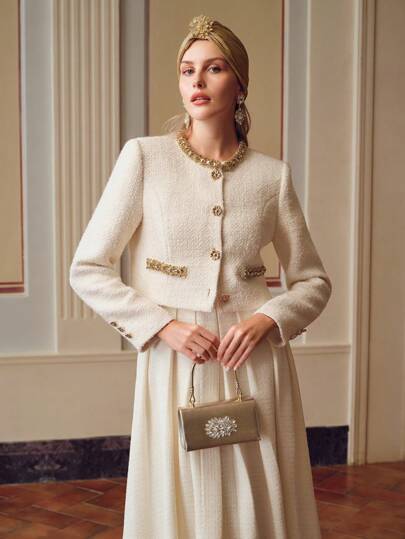 ZEYLAH TWEED RHINESTONE OCH PASSETJEDETALJ CROP JACKA