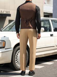 Manfinity Mode 2 件装男士简约休闲纽扣前背心和长裤套装适合日常通勤 - 卡其色 - 查看 2