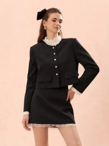 Enchnt Autumn Romantic Women's Black Cute Elegant Contrast Lace Flap Blazer And Pencil Skirt Suit Set,Two Pieces Outfits