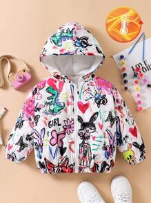 1 件年轻女孩休闲画笔涂鸦印花连帽厚实保暖羊毛夹克，夹克上独特的画笔涂鸦图案为整体增添了活泼有趣的氛围。