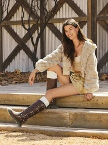 Easelle Zip Up Hooded Fuzzy Coat - Apricot - View 7