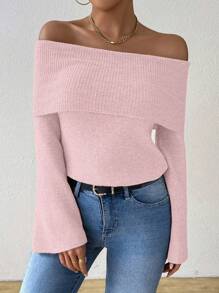 SHEIN Unity New Arrival Autumn/Winter Fashionable Solid Color Foldover Off Shoulder Sweater Top Knit Pullover Fall - Baby Pink - View 7