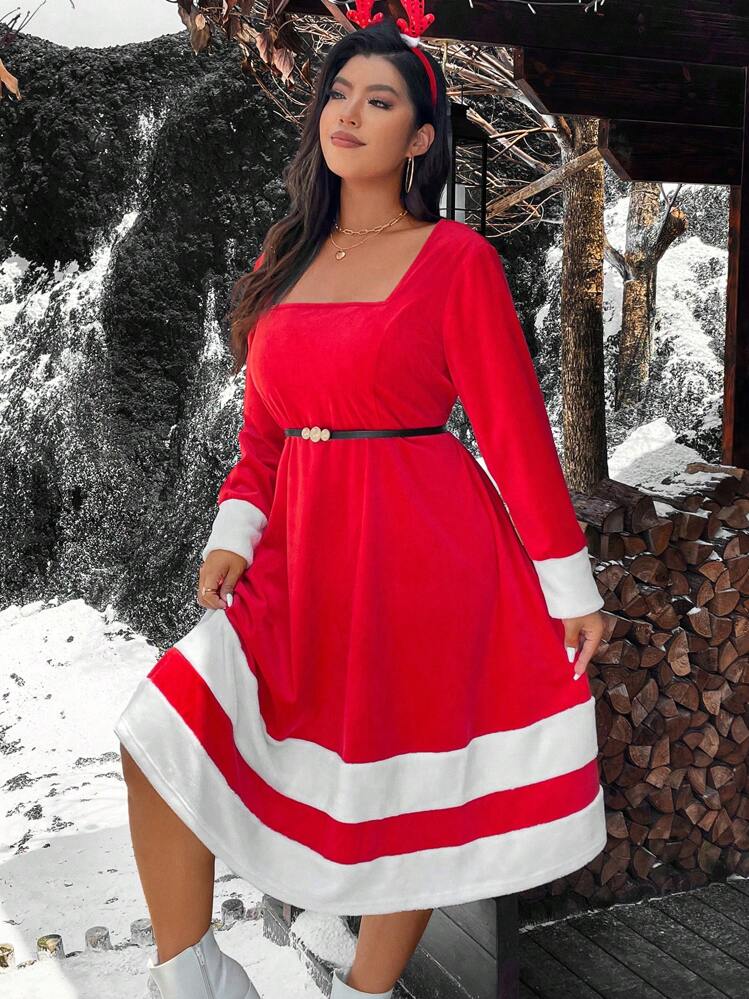 Celure Plus Size レディース ハイネック 長袖 パッチワーク レッド ファー トリム Aラインワンピース、クリスマステーマー秋服 - マルチカラー - 見る 3