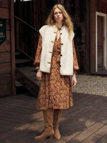 Maija Women's Autumn Long Sleeve V-Neck Floral Print Lantern Sleeve Midi Dress - Multicolor - View 9