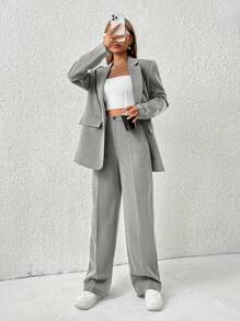 SHEIN EZwear Bộ vest cạp cao màu xám đậm trơn mùa xuân, quần ống đứng cho mùa thu/đông - Màu Xám nhạt - Xem 3