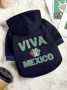 PETSIN 1pc Viva Mexico Letter & Paw Print Pattern Fleece Hooded Sweatshirt For Pets - Multicolor - View 1