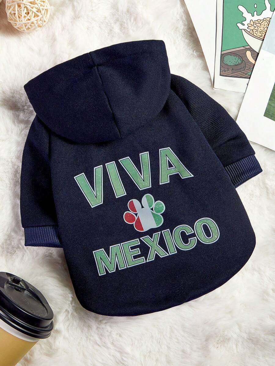PETSIN 1pc Viva Mexico Letter & Paw Print Pattern Fleece Hooded Sweatshirt For Pets - Multicolor - View 1