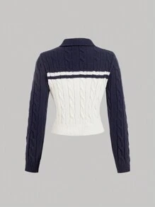 SHEIN MOD 女士学院风海军蓝和白色拉链开衫，休闲版型，秋冬女士毛衣，返校节，哥特式，警察服装 - 藏蓝色 - 查看 2