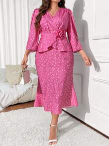 SHEIN Unity 2pcs Plus Size Elegant 3D Floral Top And Skirt Set - Coral Pink - View 5