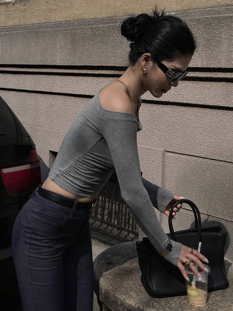 Camiseta asimétrica de hombro caído de unicolor casual para mujer, blusas de manga larga de otoño estilo Y2K para mujeres, ropa de otoño para mujeres