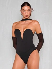 Glamine Women's Off Shoulder Mesh Splicing Long Sleeve Sexy Slim Bodysuit - Black - View 1