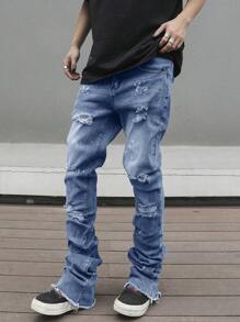 Manfinity LEGND Men's Street Style Ripped Raw Edge Jeans - Medium Wash - View 7