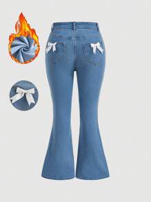 SHEIN MOD Plus Sized Solid Color Simple Bows Decoration Flared Jeans For Daily Wear Hollowed Costumes Christmas Women Clothes Thanksgiving Women Outfit Homecoming Winter Clothes Cowgirl Costume Fleece