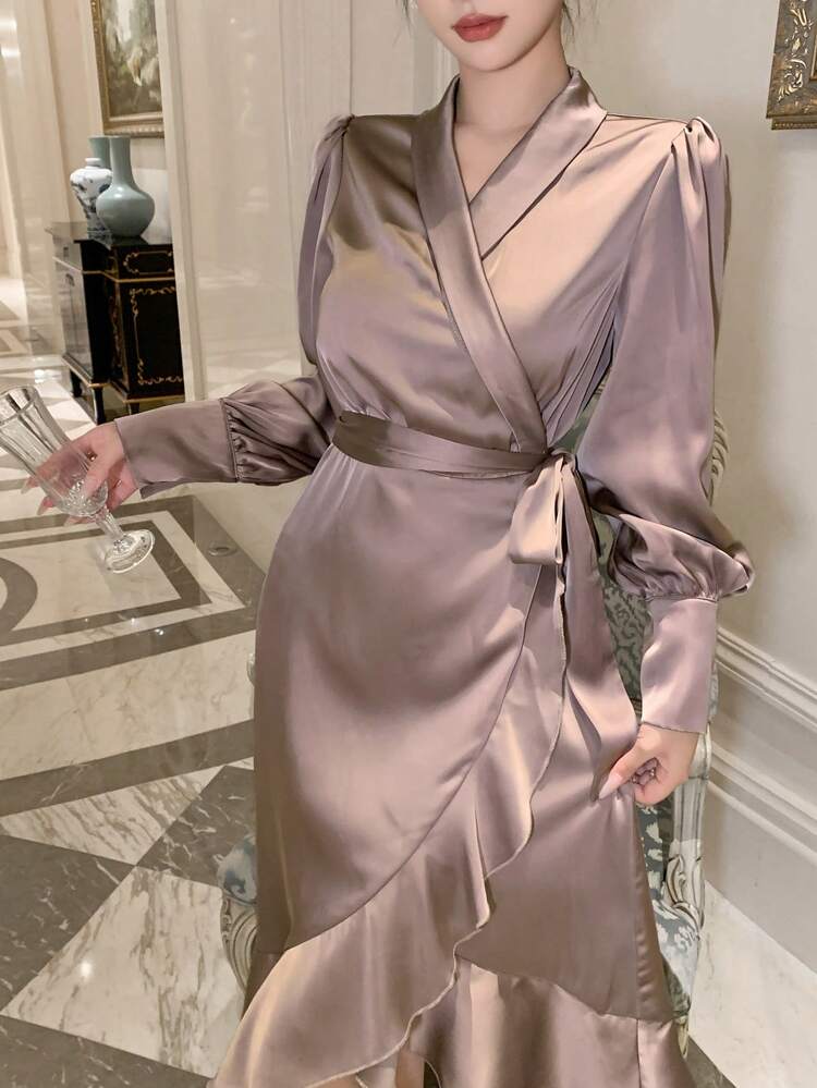 Solid Color Asymmetrical Ruffle Hem Dress For Women, Birthday Prom Dress,Fall Clothes Long Sleeve Dress Elegant Women Dresses