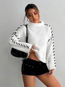 Flirla Women's Contrast Color Crew Neck Casual Long Sleeve White Sweater