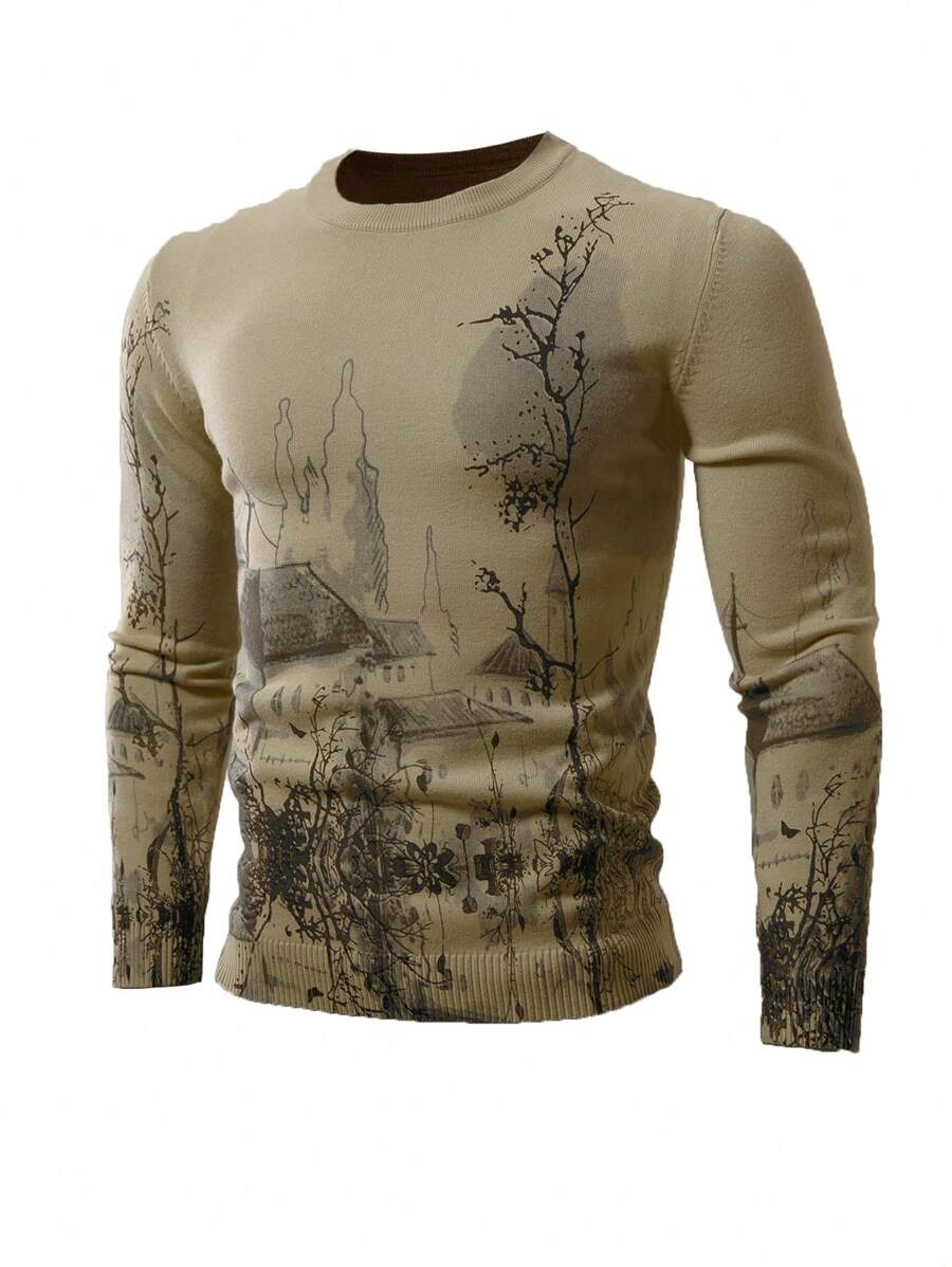 Manfinity Homme Men's Casual Branch Print Crewneck Long Sleeve Sweater, Autumn/Winter - Khaki - View 1