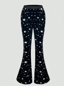 SHEIN Explorewe Teen Girl Silver Star Print Casual Flare Pants For Outings, Autumn - Black - View 1
