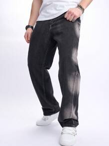 Manfinity EMRG Jeans diritti con gamba ampia e lavaggio sfumato, stile casual da uomo
