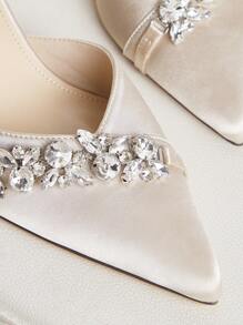 CUCCOO HITCHD Women's Spring & Summer New V-Cut Large Gem-Studded Chain Link Mid-Heels, Light Pink Realistic Flower Bow Accent, White Crystals, Sheer PVC Inset Satin Patchwork, Champagne Nude Stilettos For Party, Wedding Events Spring Shoes Spring Break Easter Prom Heels For Christmas - Apricot - View 9