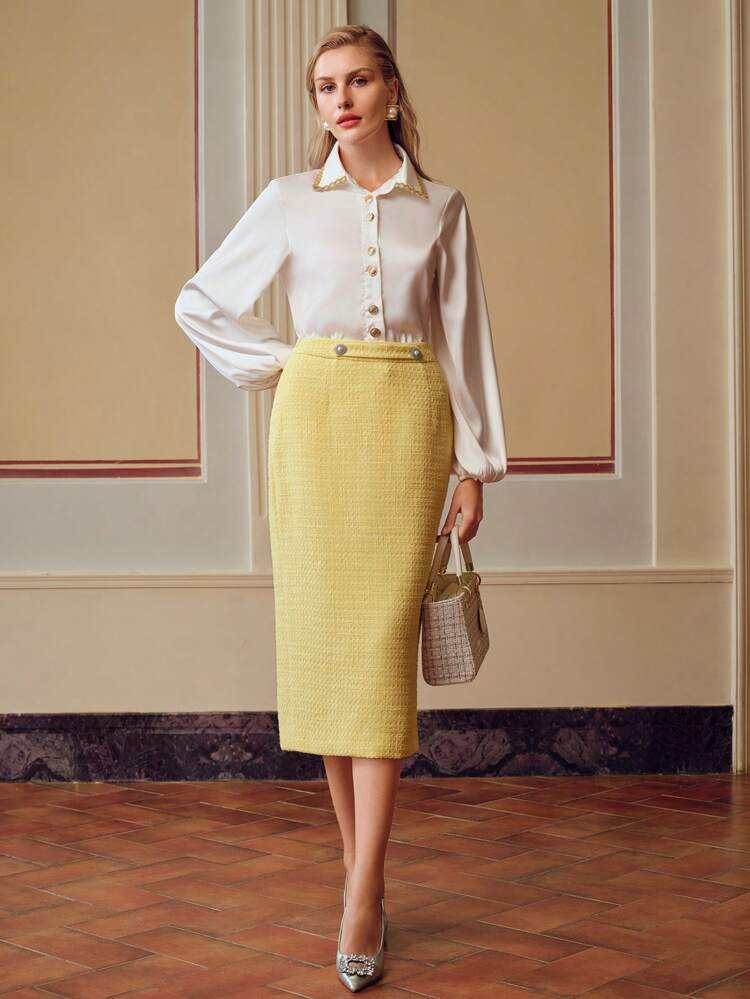 ZEYLAH TWEED SOLID BUTTON WAIST STRAIGHT SKIRT