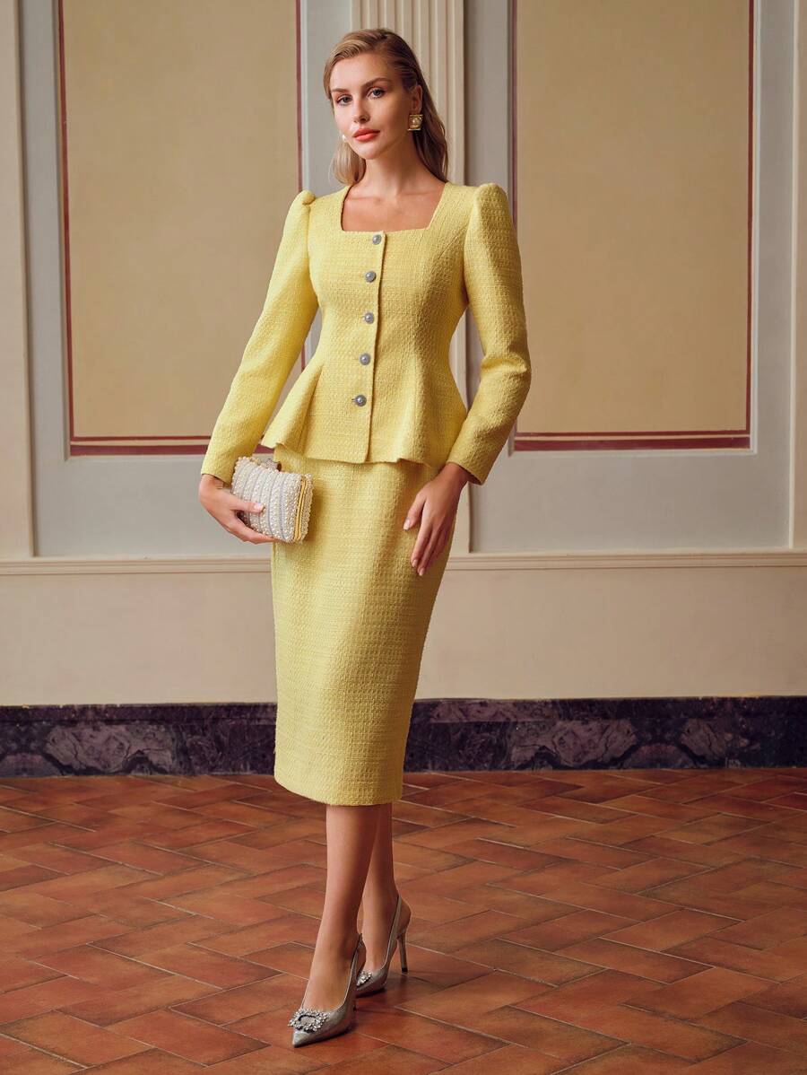 ZEYLAH TWEED SOLID SQUARE NECK RUFFLE HEM JACKET