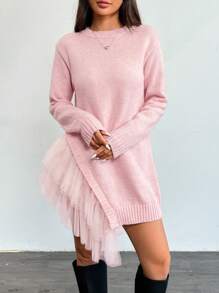 Chiquease Autumn Women Casual Crew Neck Ruffled Trim Net Yarn Mid-Length Sweater, Knit Pullover Fall Winter - Pink - View 7