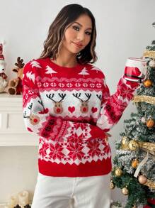 EMERY ROSE Christmas Autumn/Winter Round Neck Dropped Shoulder Reindeer Pattern Sweater - Multicolor - View 4
