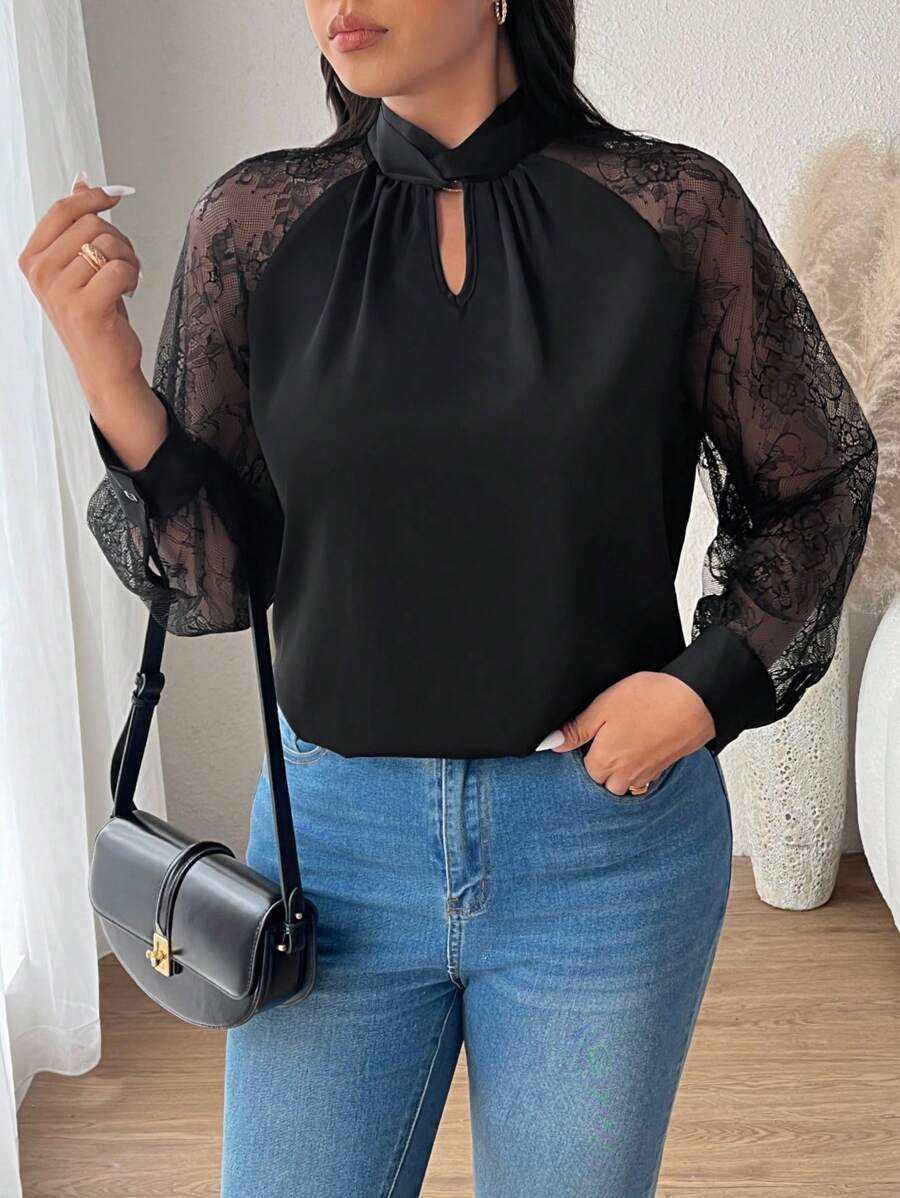 SHEIN Frenchy Elegant & Simple Black Lace Patchwork Plus Size Blouse, Fall/Winter - Black - View 1