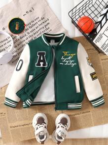 SHEIN Explorewe Young Boy's Casual Letter Print Color Block Baseball Jacket With Thermal Lined , Autumn Winter