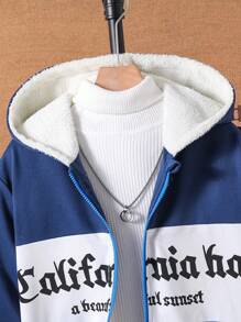 2 件套青少年男孩字母印花对比保暖内衬连帽衫和黑色裤子运动装，适合日常穿着 - 彩色 - 查看 7