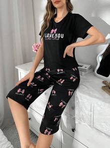 SHEIN Bow Letter Print Short Sleeve Shorts Pajamas Set - Black - View 1