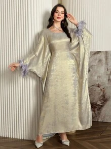 Al Najma 女士优雅羽毛喇叭袖阿拉伯连衣裙朴素长袖长袍，春秋季，派对 A 字形礼服，适合晚会/婚礼嘉宾/周年纪念 - 灰色 - 查看 6